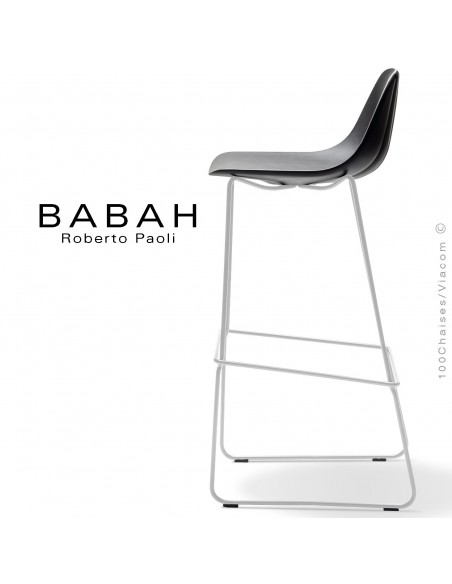 Tabouret de bar BABAH 80, pieds luge acier blanc, assise plastique noir.