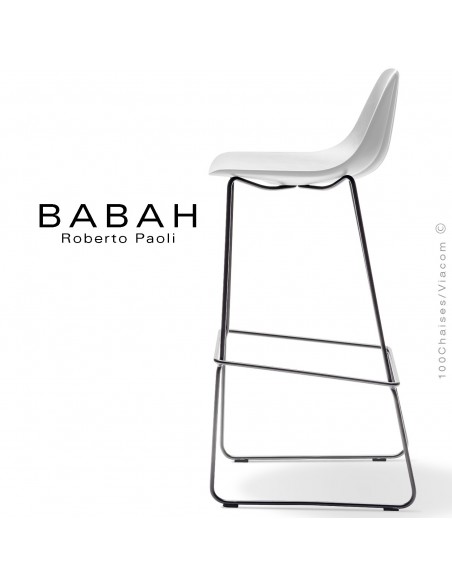 Tabouret de bar BABAH 80, pieds luge acier chrome, assise plastique blanc.