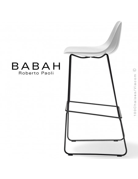 Tabouret de bar BABAH 80, pieds luge acier noir, assise plastique blanc.