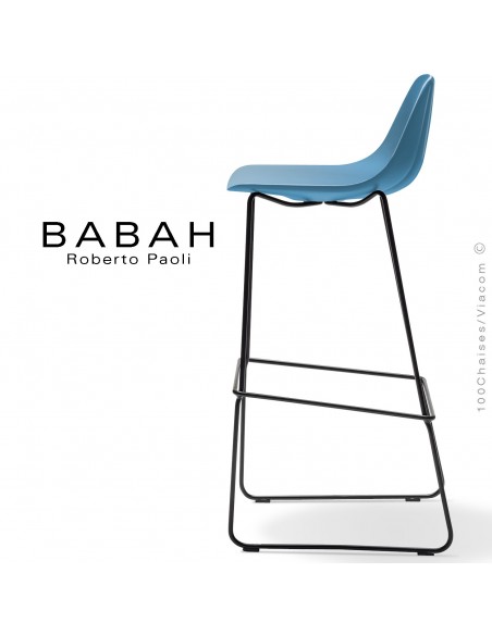 Tabouret de bar BABAH 80, pieds luge acier noir, assise plastique bleu.