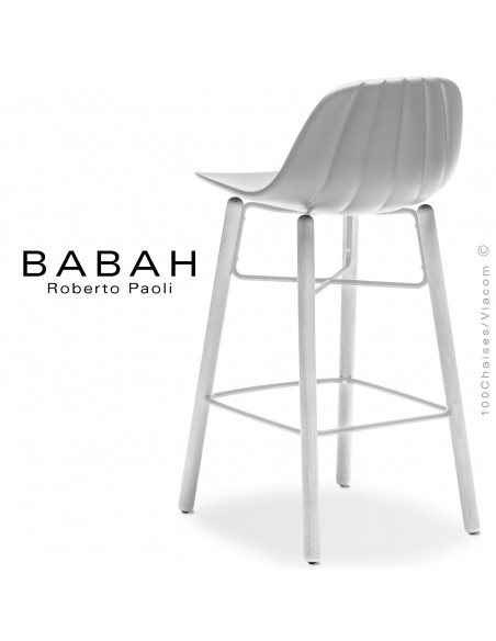 Tabouret de cuisine BABAH W65, pieds bois blanc, structure acier blanc, assise plastique blanc.