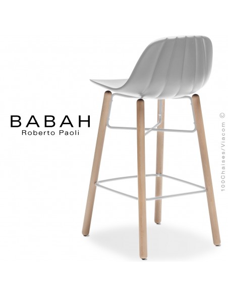 Tabouret de cuisine BABAH W65, pieds bois hêtre, structure acier blanc, assise plastique blanc.
