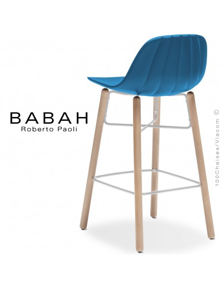 Tabouret de cuisine BABAH W65, pieds bois hêtre, structure acier blanc, assise plastique bleu.