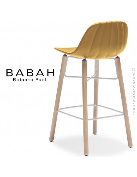 Tabouret de cuisine BABAH W65, pieds bois hêtre, structure acier blanc, assise plastique jaune.