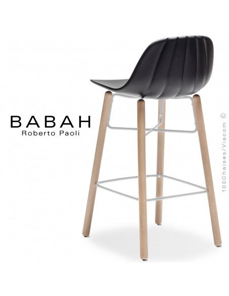 Tabouret de cuisine BABAH W65, pieds bois hêtre, structure acier blanc, assise plastique noir.