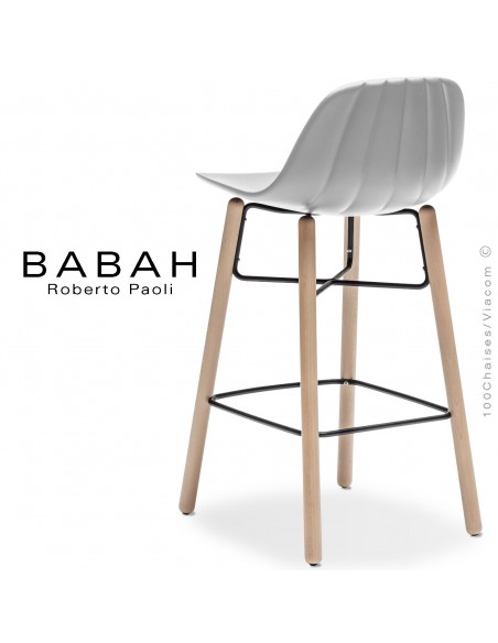 Tabouret de cuisine BABAH W65, pieds bois hêtre, structure acier noir, assise plastique blanc.
