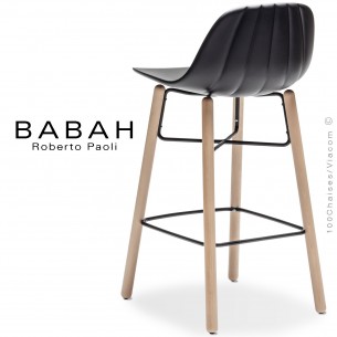 Tabouret de cuisine BABAH W65, pieds bois hêtre, structure acier noir, assise plastique noir.