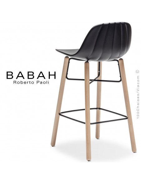 Tabouret de cuisine BABAH W65, pieds bois hêtre, structure acier noir, assise plastique noir.