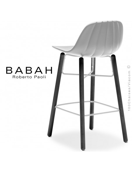 Tabouret de cuisine BABAH W65, pieds bois noir, structure acier blanc, assise plastique blanc.
