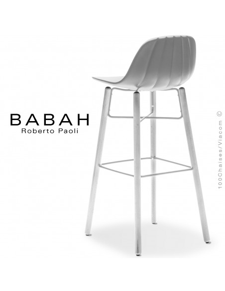 Tabouret de bar BABAH Wood W80, pieds bois blanc, structure acier blanc, assise plastique blanc.