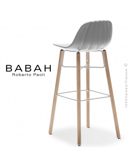Tabouret de bar BABAH Wood W80, pieds bois hêtre, structure acier blanc, assise plastique blanc.