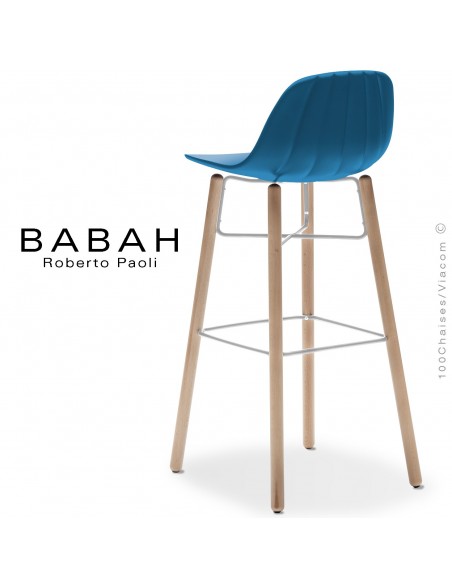 Tabouret de bar BABAH Wood W80, pieds bois hêtre, structure acier blanc, assise plastique bleu.