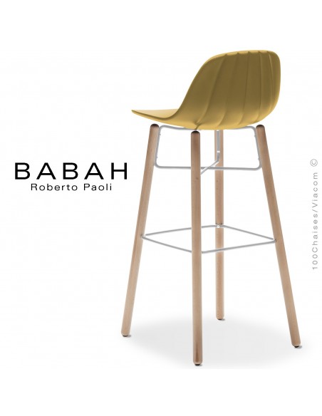 Tabouret de bar BABAH Wood W80, pieds bois hêtre, structure acier blanc, assise plastique jaune.