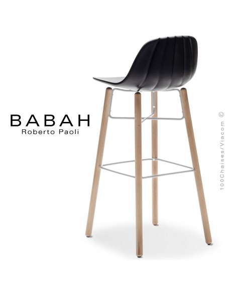 Tabouret de bar BABAH Wood W80, pieds bois hêtre, structure acier blanc, assise plastique noir.