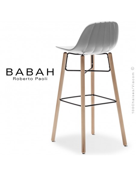 Tabouret de bar BABAH Wood W80, pieds bois hêtre, structure acier noir, assise plastique blanc.