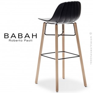 Tabouret de bar BABAH Wood W80, pieds bois hêtre, structure acier noir, assise plastique noir.