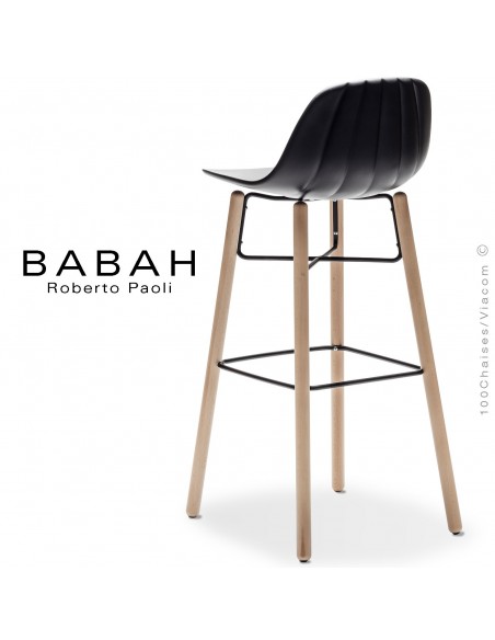 Tabouret de bar BABAH Wood W80, pieds bois hêtre, structure acier noir, assise plastique noir.