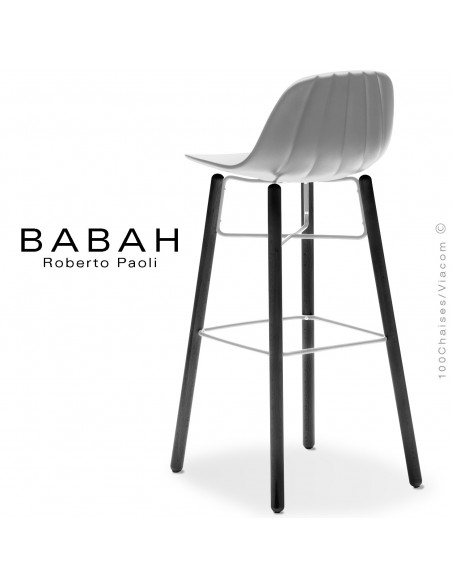 Tabouret de bar BABAH Wood W80, pieds bois noir, structure acier blanc, assise plastique blanc.