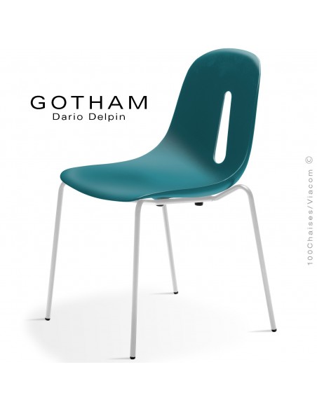 Chaise GOTHAM S, structure peint blanc, assise plastique bleu pétrol.