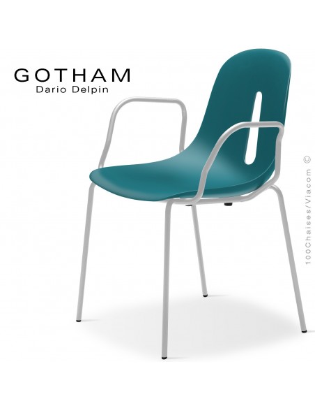 Fauteuil GOTHAM P, structure peint blanc, assise plastique bleu pétrol.