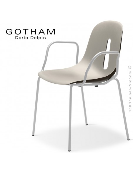 Fauteuil GOTHAM P, structure peint blanc, assise plastique crème+café.