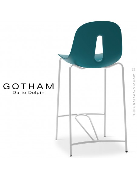 Tabouret de cuisine GOTHAM SG 65, structure peint blanc, assise plastique bleu pétrol.