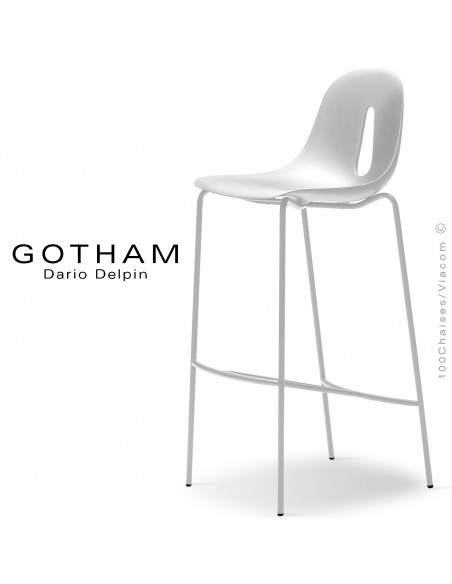 Tabouret de bar GOTHAM SG 80, structure 4 pieds acier peint blanc, assise plastique dossier blanc, assise blanche.