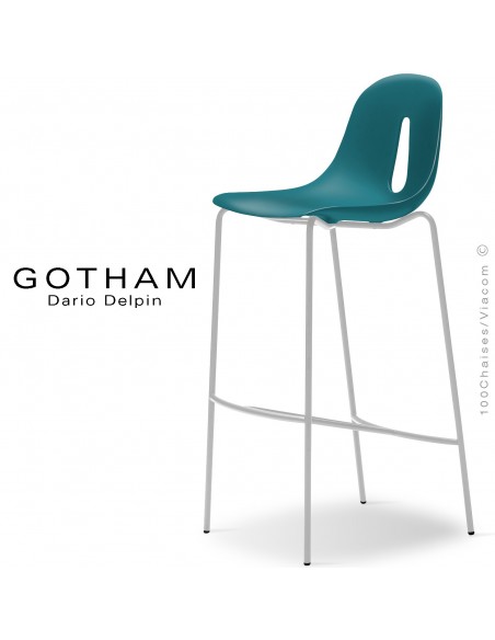 Tabouret de bar GOTHAM SG 80, structure peint blanc, assise plastique bleu pétrol.