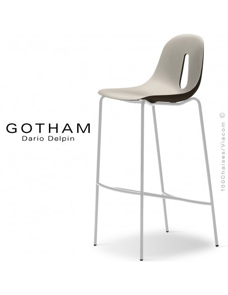 Tabouret de bar GOTHAM SG 80, structure peint blanc, assise plastique crème+café.