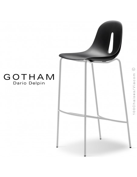 Tabouret de bar GOTHAM SG 80, structure peint blanc, assise plastique noir.