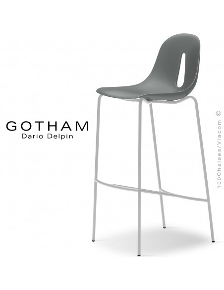 Tabouret de bar GOTHAM SG 80, structure peint blanc, assise plastique gris.