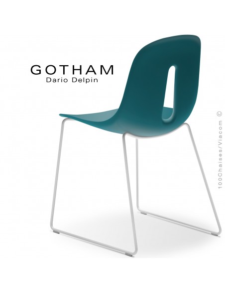 Chaise GOTHAM-SL, structure luge acier blanc, assise plastique bleu pétrol