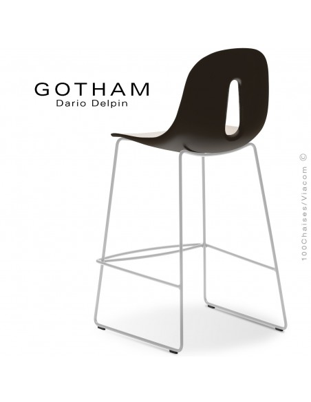 Tabouret de cuisine GOTHAM-SL-SG-65, structure luge acier blanc , assise plastique crème+café