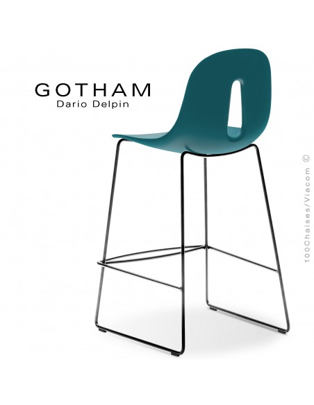 Tabouret de cuisine GOTHAM-SL-SG-65, structure luge acier chrome , assise plastique bleu pétrol