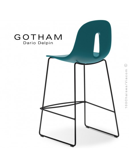 Tabouret de cuisine GOTHAM-SL-SG-65, structure luge acier noir, assise plastique bleu pétrol