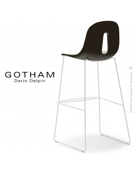 Tabouret de bar GOTHAM-SL-SG-80, structure luge acier peint blanc, assise plastique couleur crème+café