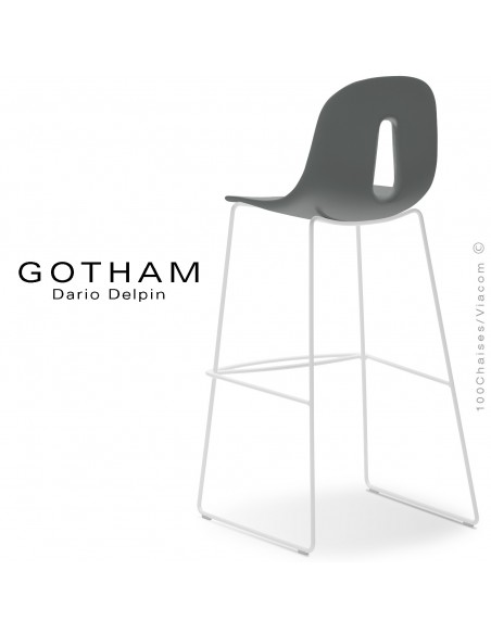 Tabouret de bar GOTHAM-SL-SG-80, structure luge acier peint blanc, assise plastique couleur gris