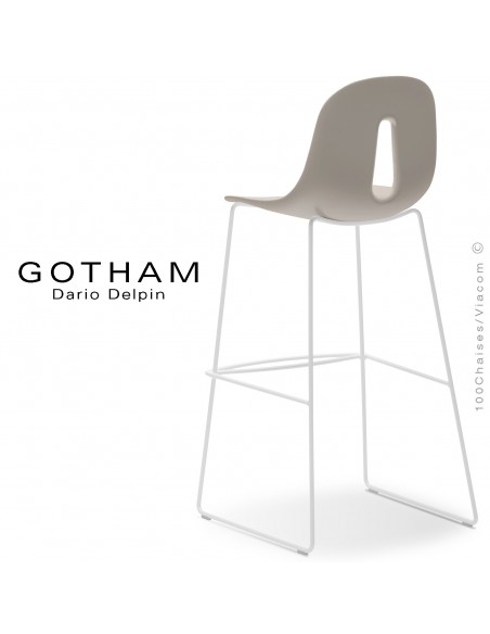 Tabouret de bar GOTHAM-SL-SG-80, structure luge acier peint blanc, assise plastique couleur sable