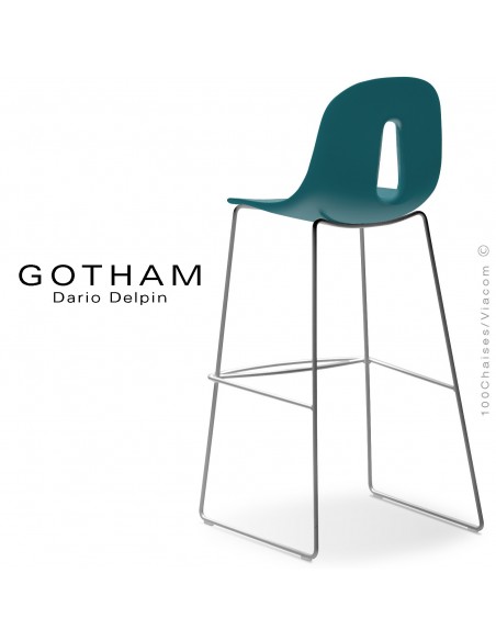 Tabouret de bar GOTHAM-SL-SG-80, structure luge acier peint chrome, assise plastique couleur bleu pétrol