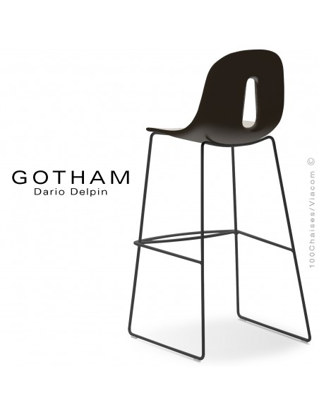 Tabouret de bar GOTHAM-SL-SG-80, structure luge acier peint noir, assise plastique couleur crème+café