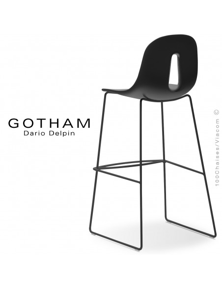 Tabouret de bar GOTHAM-SL-SG-80, structure luge acier peint noir, assise plastique couleur noir