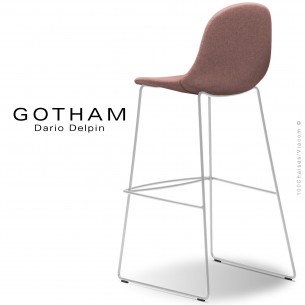 Tabouret de bar design GOTHAM-SLI-SG-80, structure luge acier peint blanc, assise garnie tissu rose-301.