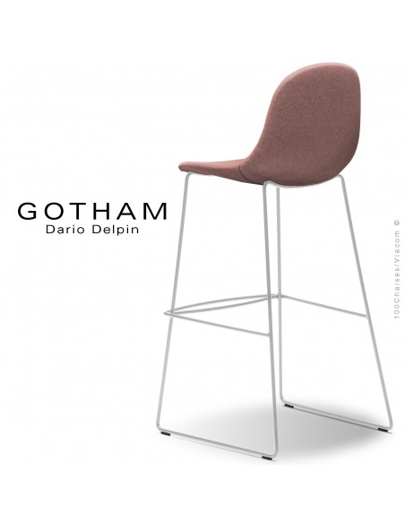 Tabouret de bar design GOTHAM-SLI-SG-80, structure luge acier peint blanc, assise garnie tissu rose-301.
