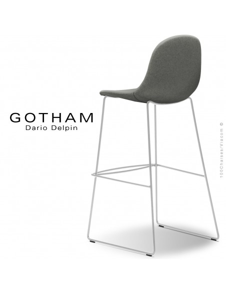 Tabouret de bar design GOTHAM-SLI-SG-80, structure luge acier peint blanc, assise garnie tissu 600.