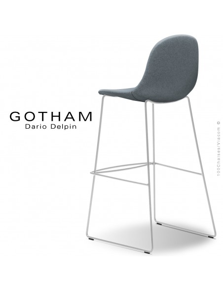 Tabouret de bar design GOTHAM-SLI-SG-80, structure luge acier peint blanc, assise garnie tissu 7001.