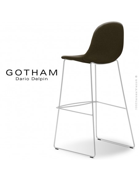 Tabouret de bar design GOTHAM-SLI-SG-80, structure luge acier peint blanc, assise garnie tissu 404.