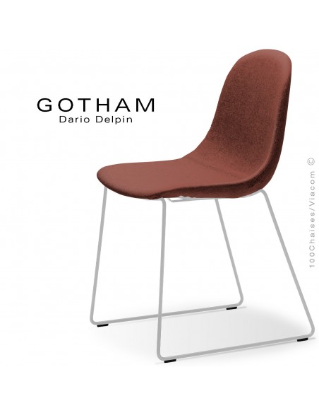 Chaise design GOTHAM-SLI, structure luge acier blanc, assise garnie tissu 302