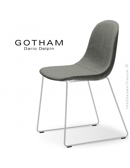 Chaise design GOTHAM-SLI, structure luge acier blanc, assise garnie tissu 600