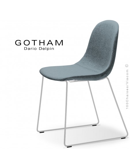 Chaise design GOTHAM-SLI, structure luge acier blanc, assise garnie tissu 7001