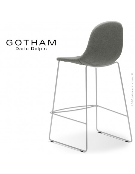 Tabouret de cuisine design GOTHAM-SLI-SG-65, structure luge acier peint blanc, assise garnie tissu 600